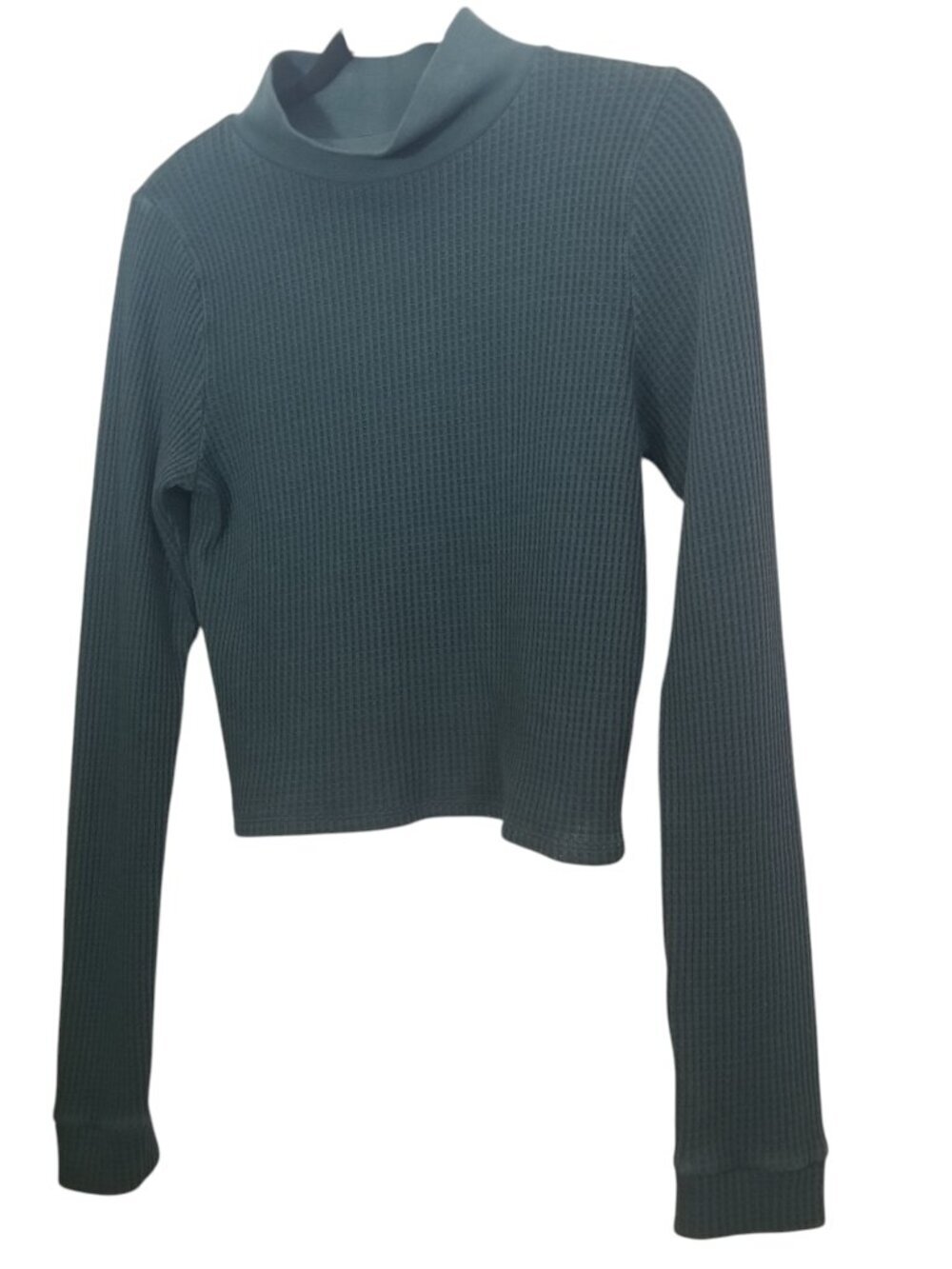 Aerie Forest Green Mock Neck Waffle Knit Cropped Women's Top Sz L - Picture 2 of 5